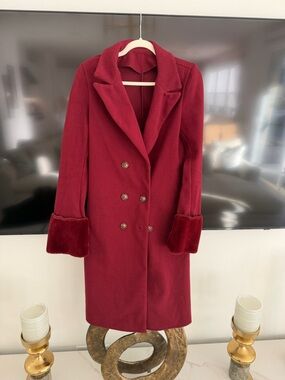 Women’s Double-Breasted Red Wool Coat with Faux Fur Cuffs! (S)